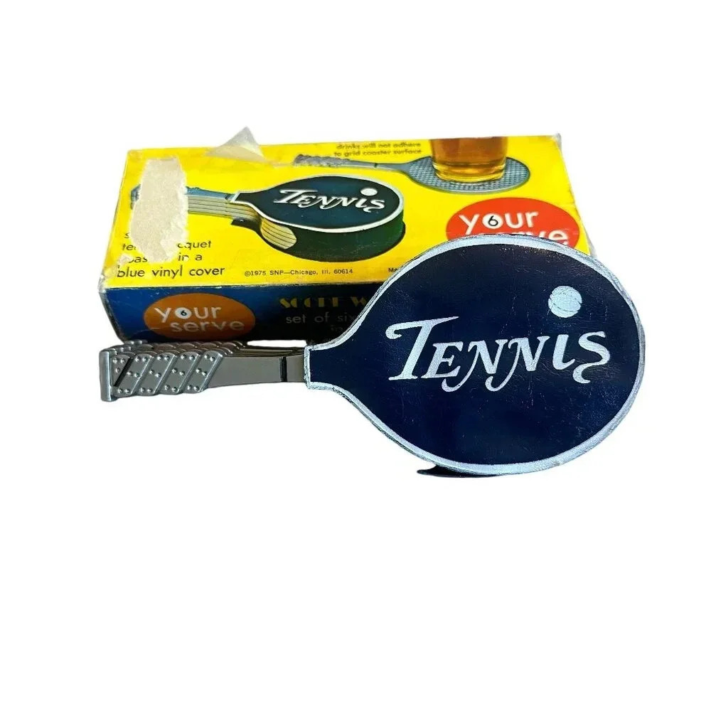Your Serve Tennis Racquet Coaster Set Vintage Set of Six In Box Collectible
